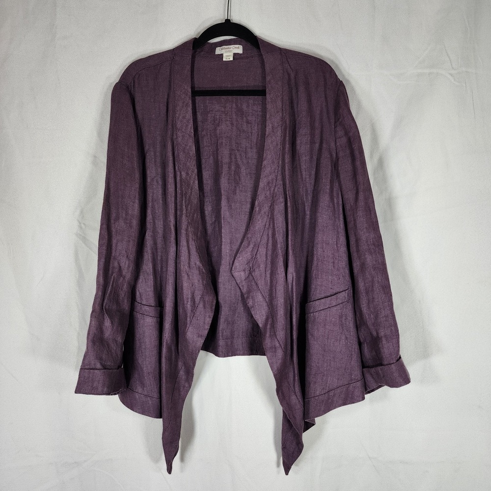 Coldwater Creek 100% Linen Purple Herringbone Open Front Cardigan Size XL/ 18